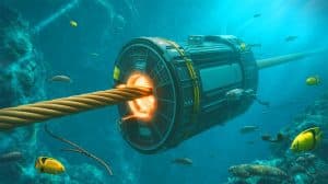 Illustration of China's advanced undersea cable-cutting device operating at extreme ocean depths.