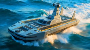 Illustration of the AIRCAT Bengal MC, an autonomous naval vessel equipped with advanced missile-launch capabilities.