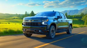Illustration of a Chevrolet Silverado EV setting a world record for distance on a single charge.