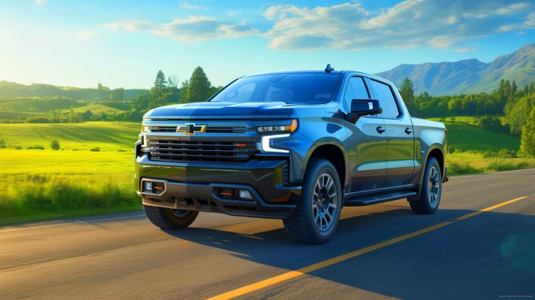 Illustration of a Chevrolet Silverado EV setting a world record for distance on a single charge.