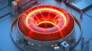 Illustration of China's EAST reactor achieving a world record in nuclear fusion by sustaining plasma for 1,066 seconds.