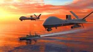 Illustration of China's advanced reconnaissance drones executing a strategic mission to track a "hostile warship."