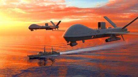 Illustration of China's advanced reconnaissance drones executing a strategic mission to track a "hostile warship."