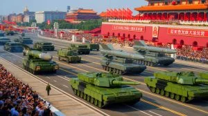 Illustration of China's military parade showcasing hypersonic and nuclear missile technology.