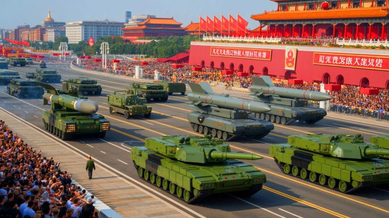 Illustration of China's military parade showcasing hypersonic and nuclear missile technology.