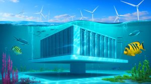 Illustration of an underwater data center utilizing ocean cooling and wind energy.