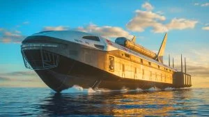 Illustration of China's first rocket recovery drone ship, Xingji Guihang, on the ocean.