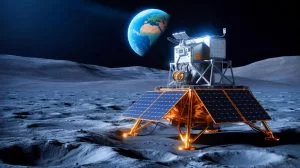 Illustration of a solar-powered device extracting resources from the Moon's surface.
