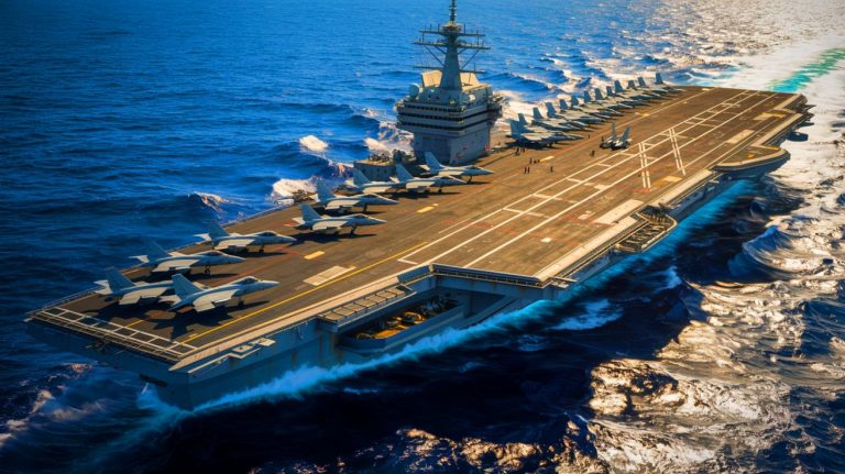 Illustration of the USS Gerald R. Ford, the world's largest and most advanced aircraft carrier.