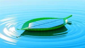Illustration of a floating artificial leaf using sunlight, carbon dioxide, and water to produce fuel.