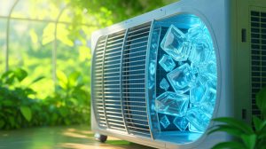 Illustration of innovative air-conditioning technology using solid-state organic plastic crystals for eco-friendly cooling.