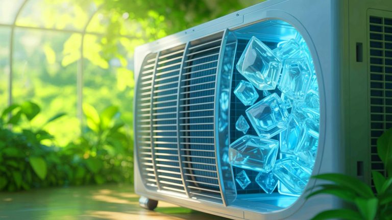 “New AC Tech Could Slash Emissions 75%”: UK Scientists Harness Barocaloric Crystals For Terrifyingly Green Cooling Without Harmful Refrigerants Illustration of innovative air-conditioning technology using solid-state organic plastic crystals for eco-friendly cooling.