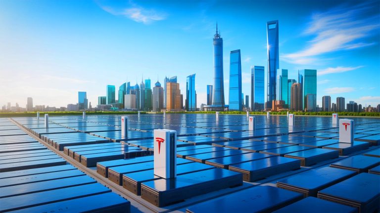 Illustration of Tesla and China's collaboration on the world's largest energy storage project.