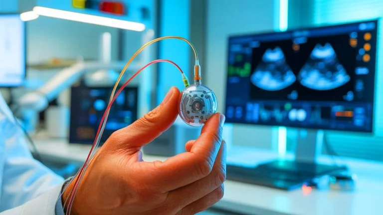 Illustration of a researcher holding an implantable medical device with wire leads in a lab setting.