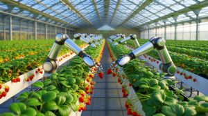 Illustration of a high-tech strawberry greenhouse integrating robotics and artificial intelligence in Lincolnshire, England.