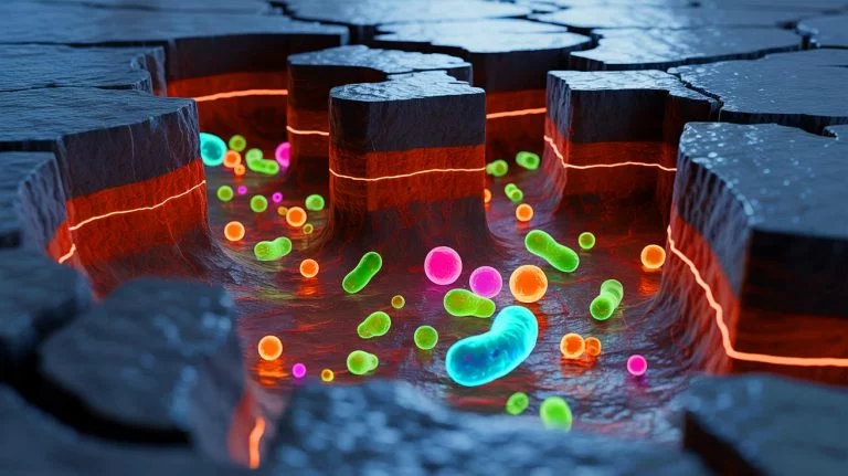 Illustration of seismic activity generating energy-rich compounds that sustain microbial life deep within Earth's crust.