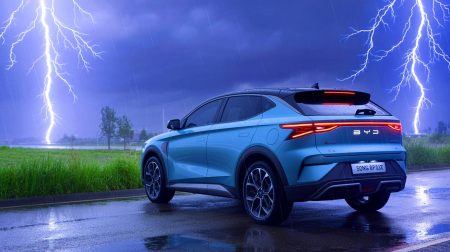 Illustration of a BYD Song Plus electric vehicle enduring multiple lightning strikes.