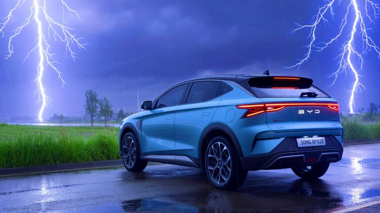 BYD Song Plus Stuns Engineers as “Steel Cage Eats Lightning Alive” and Protects Every Component in Extreme Storm Illustration of a BYD Song Plus electric vehicle enduring multiple lightning strikes.