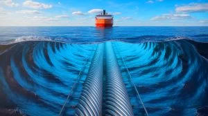 Illustration of a colossal undersea cable connecting the UK and Germany beneath the North Sea.