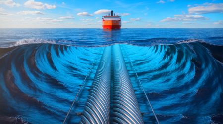 Illustration of a colossal undersea cable connecting the UK and Germany beneath the North Sea.