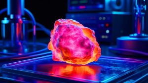 Illustration of Jadarite Mineral Exhibiting Pink-Orange Fluorescence Under Ultraviolet Light.