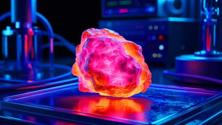 Illustration of Jadarite Mineral Exhibiting Pink-Orange Fluorescence Under Ultraviolet Light.