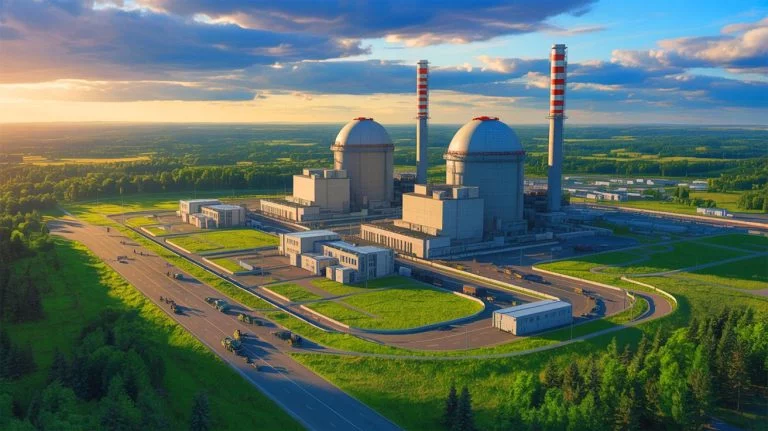 Illustration of the Zaporijia Nuclear Power Plant under Russian control amidst geopolitical tensions.