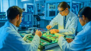 Illustration of researchers developing semiconductor-based circuit breakers for next-generation power grids.