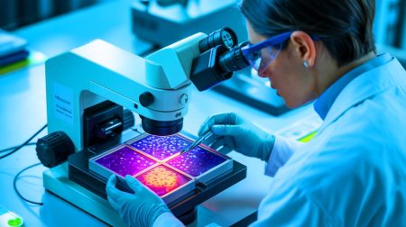 Illustration of a robotic arm installing an electric car battery.