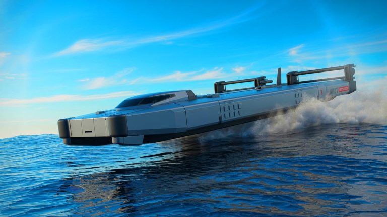 Illustration of the AIRCAT Bengal MC, a cutting-edge autonomous naval vessel developed by Eureka Naval Craft and Greenroom Robotics.