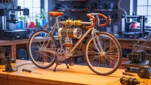Illustration of a bicycle powered by a 200-year-old Stirling engine showcasing innovative engineering.