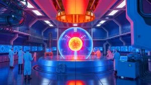 Illustration of China's EAST reactor achieving a record-breaking plasma sustainment for nuclear fusion research.