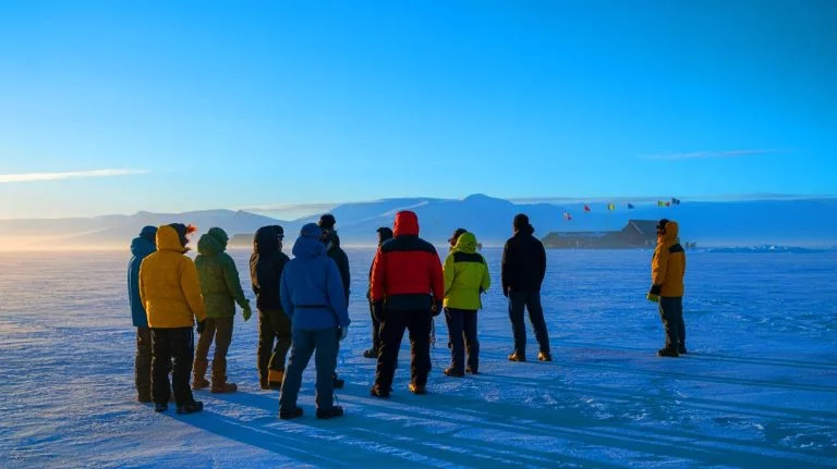 Illustration of an expedition to Antarctica involving flat Earth proponents and believers in a spherical Earth.