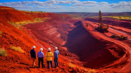 Illustration of geologists examining a colossal iron ore deposit in Western Australia's Pilbara region.