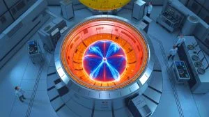 Illustration of Germany's Wendelstein 7-X stellarator achieving a sustained plasma temperature for nuclear fusion research.