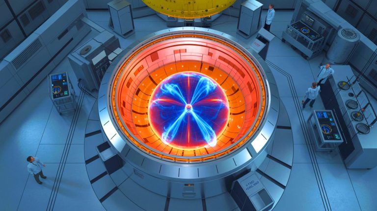 Illustration of Germany's Wendelstein 7-X stellarator achieving a sustained plasma temperature for nuclear fusion research.