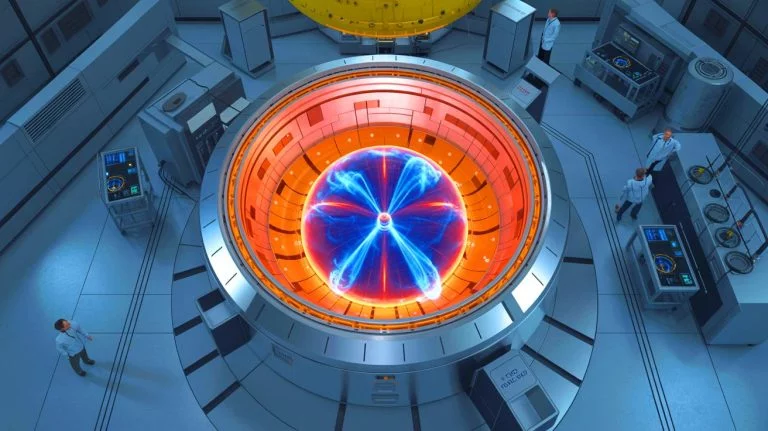Illustration of Germany's Wendelstein 7-X stellarator achieving a sustained plasma temperature for nuclear fusion research.