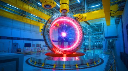 Illustration of the Wendelstein 7-X stellarator achieving a record-breaking plasma duration.