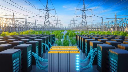 Illustration of a large-scale AI data center impacting power grid stability.