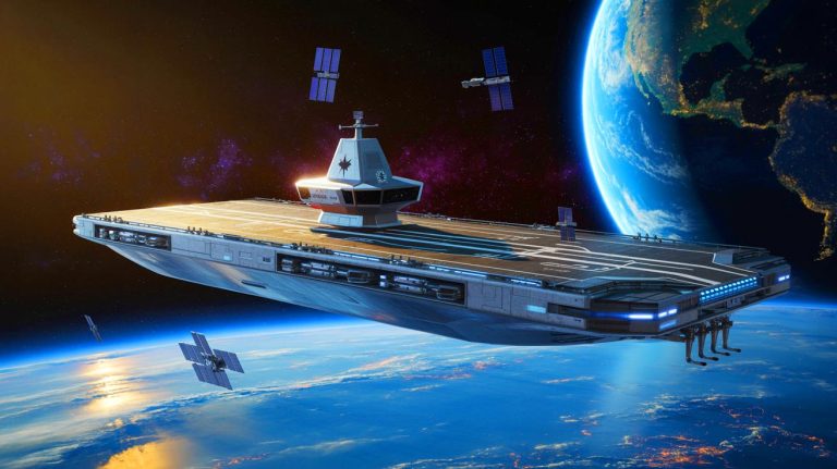 Illustration of the orbital aircraft carrier developed by Gravitics and the U.S. Space Force for advanced satellite deployment.