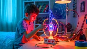 Illustration of a young boy conducting a nuclear fusion experiment in his bedroom.