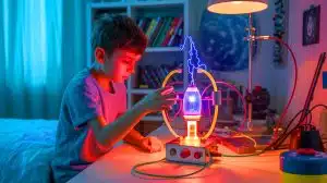 Illustration of a young boy conducting a nuclear fusion experiment in his bedroom.