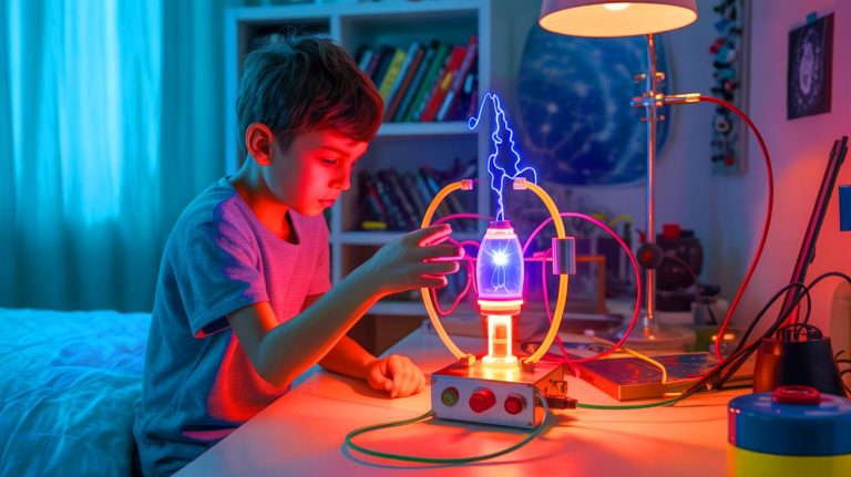 Illustration of a young boy conducting a nuclear fusion experiment in his bedroom.