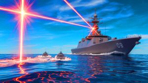 Illustration of the Leonidas H2O high-energy microwave weapon neutralizing attacking nautical vessels.