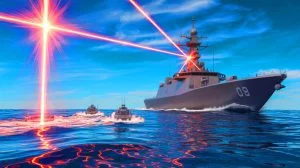 Illustration of the Leonidas H2O high-energy microwave weapon neutralizing attacking nautical vessels.