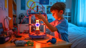 “FBI Raids 12-Year-Old’s Nuclear Lab”: Memphis Boy Achieves Fusion in Bedroom While Federal Agents Check Radiation Levels With Geiger Counters Illustration of a young scientist conducting a nuclear fusion experiment in a bedroom setting.