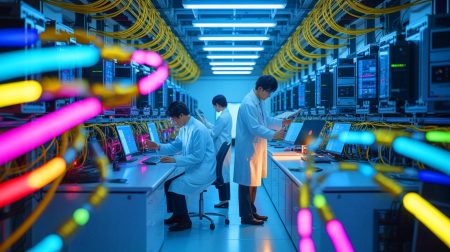 Illustration of Japanese researchers achieving record-breaking internet data transmission speeds.