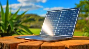 Illustration of the Lenovo Yoga Solar laptop harnessing solar energy through embedded photovoltaic modules.