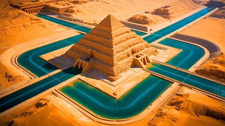 Illustration of the intricate water management system used in the construction of the Pyramid of Djoser.