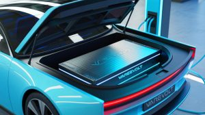 Illustration of a revolutionary VarEVolt battery being charged in an electric car.